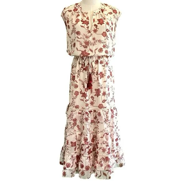 Rebecca Minkoff Sleeveless Blouson Drawstring Waist Cream Floral Dress Size M - Picture 2 of 6